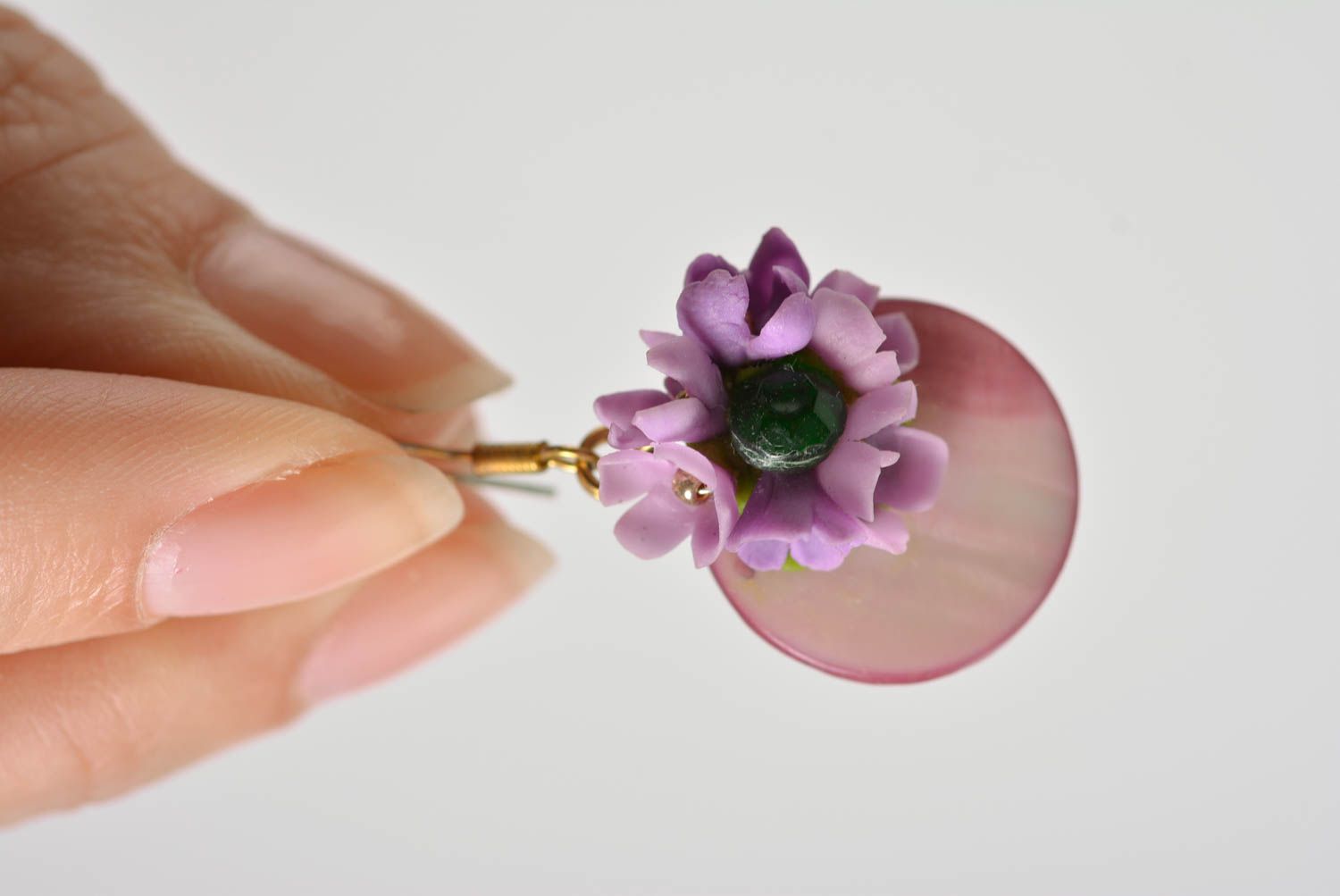 Unusual beautiful lilac handmade designer plastic flower earrings photo 5