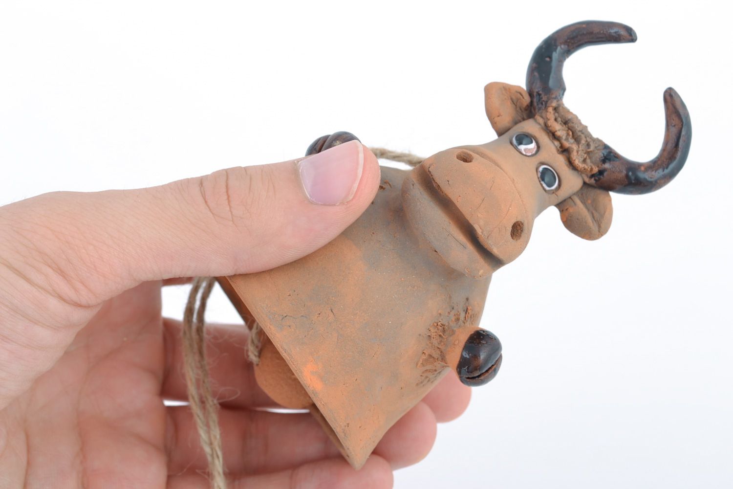 Handmade hanging painted ceramic bell Bull with cord for kitchen decoration photo 2