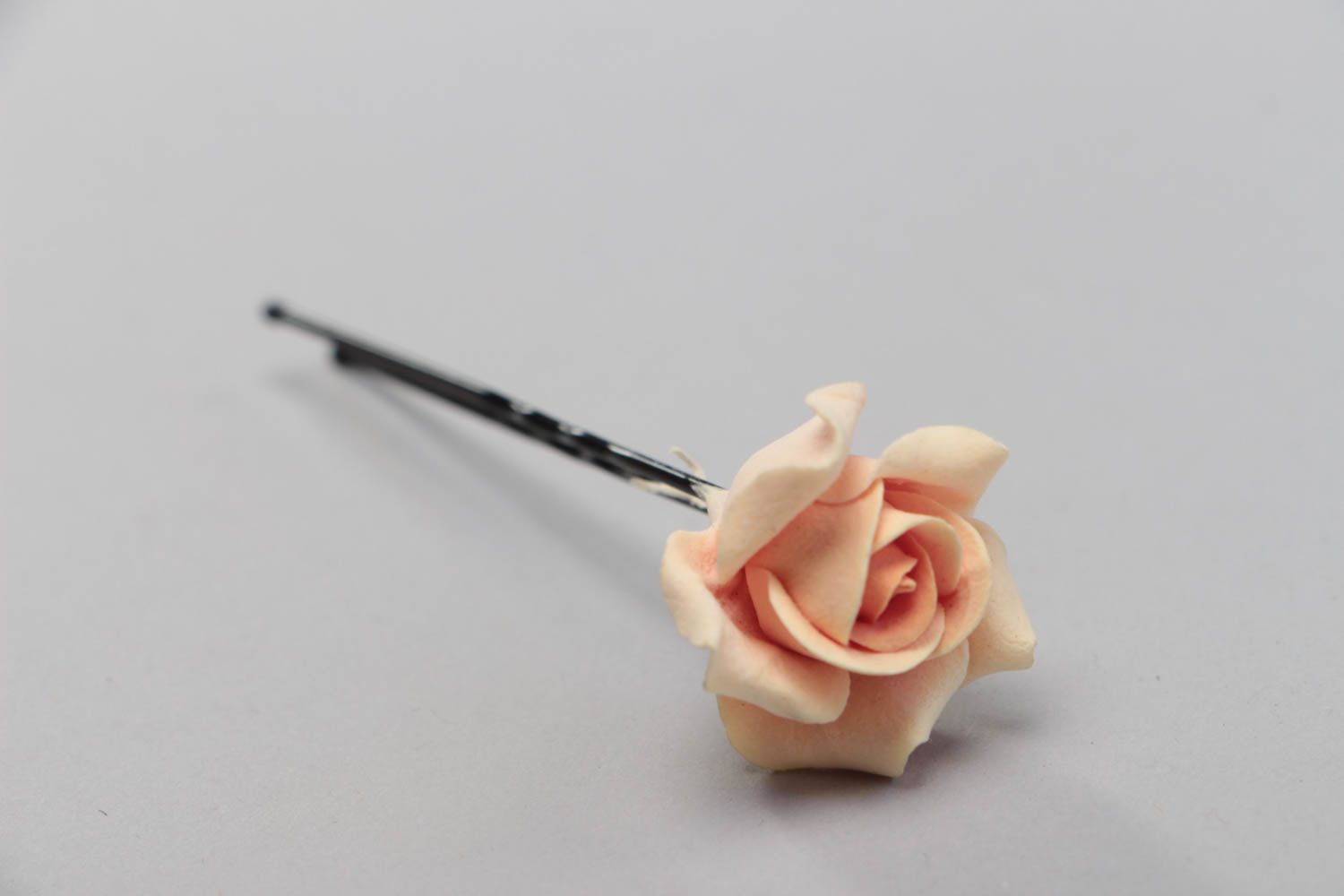 Handmade decorative hair pin with polymer clay rose flower of peach color photo 2