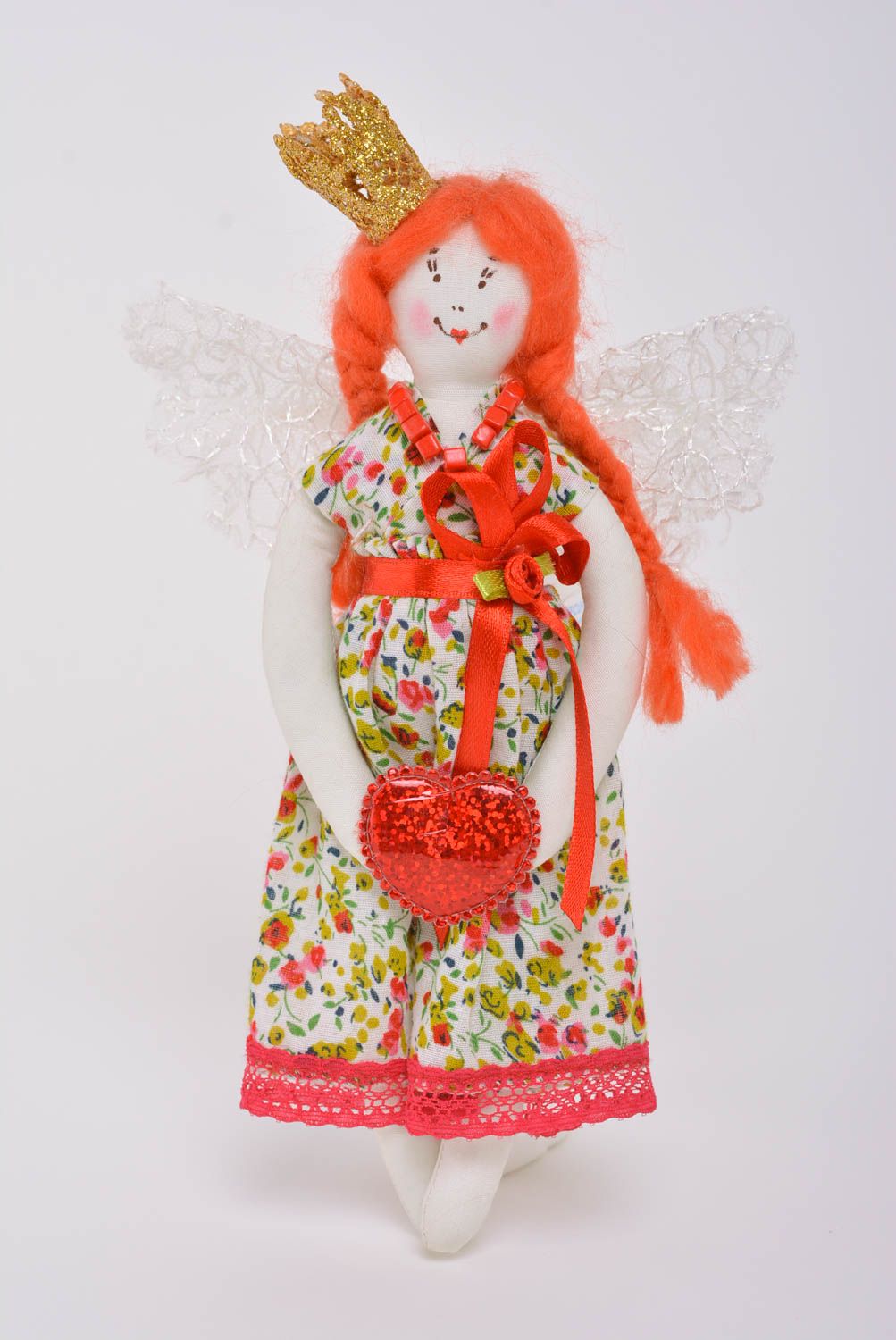 Poupée en tissu de coton faite main originale princesse ange aux cheveux roux photo 1