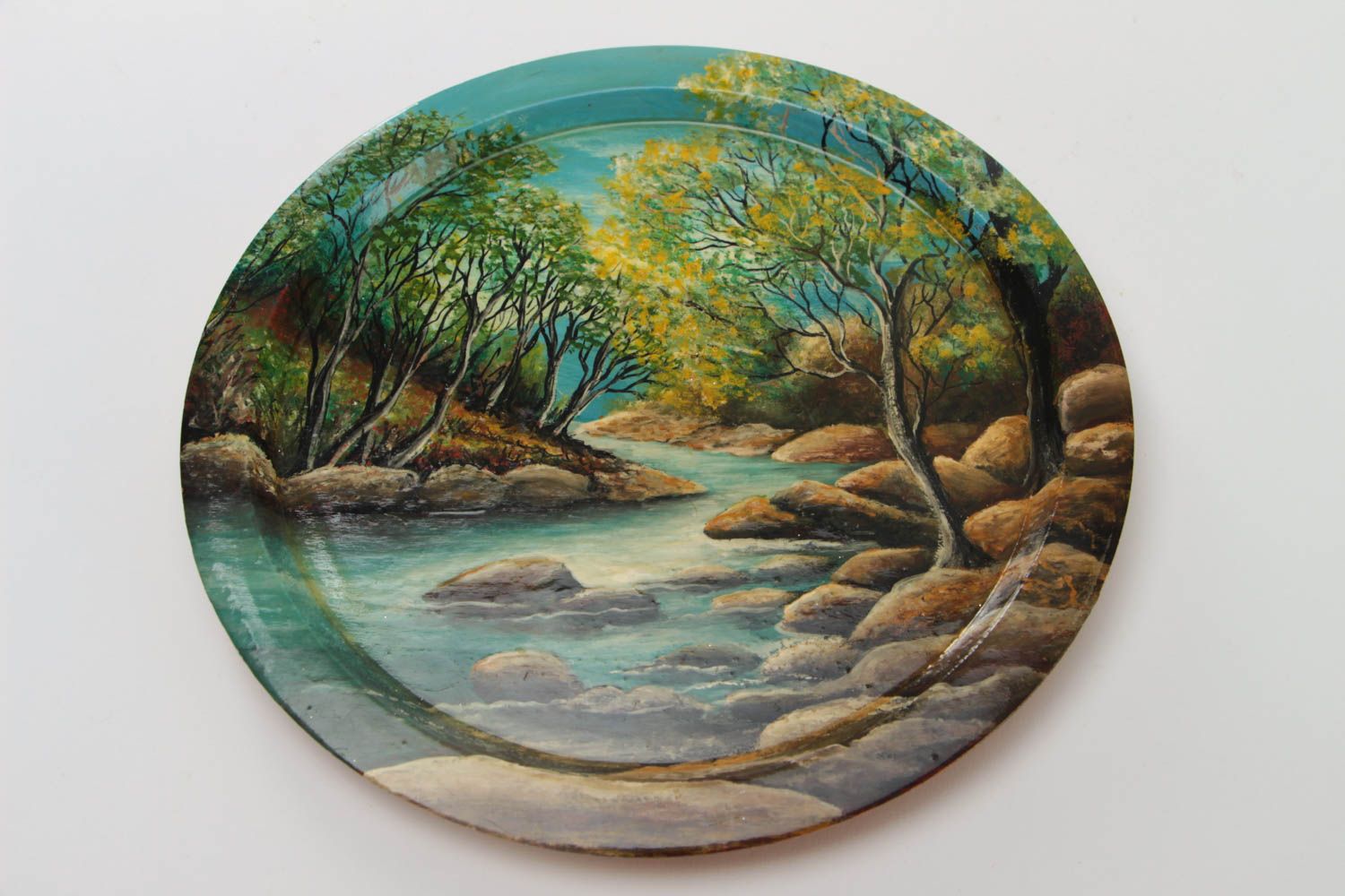 Handmade decorative round wooden wall plate with painting At the river photo 2