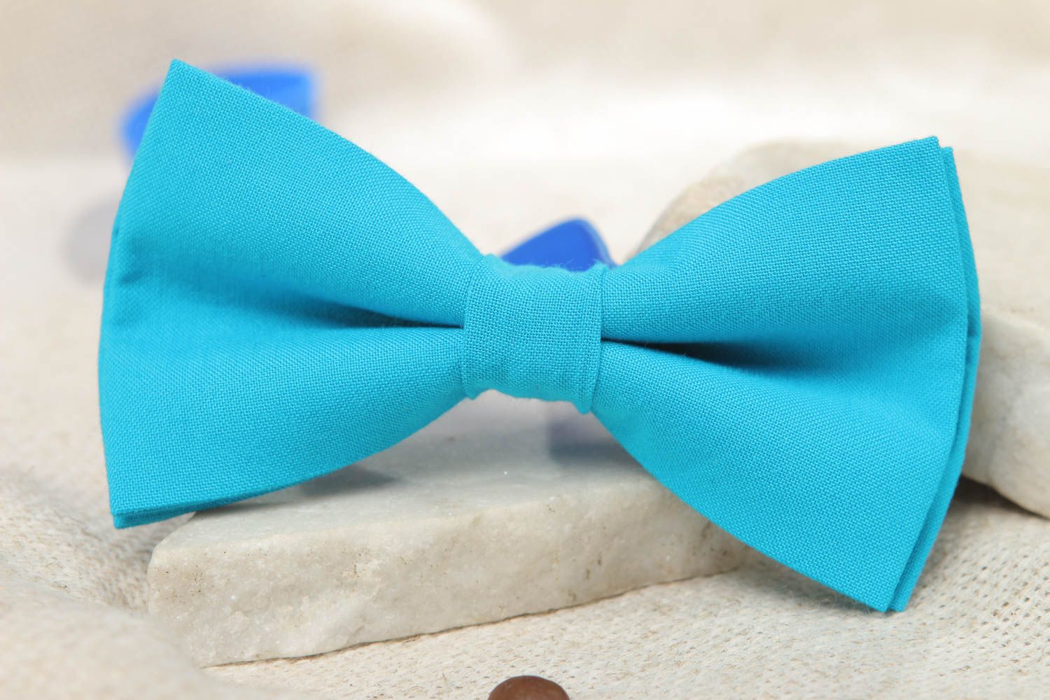 One-colored blue handmade fabric bow tie photo 5