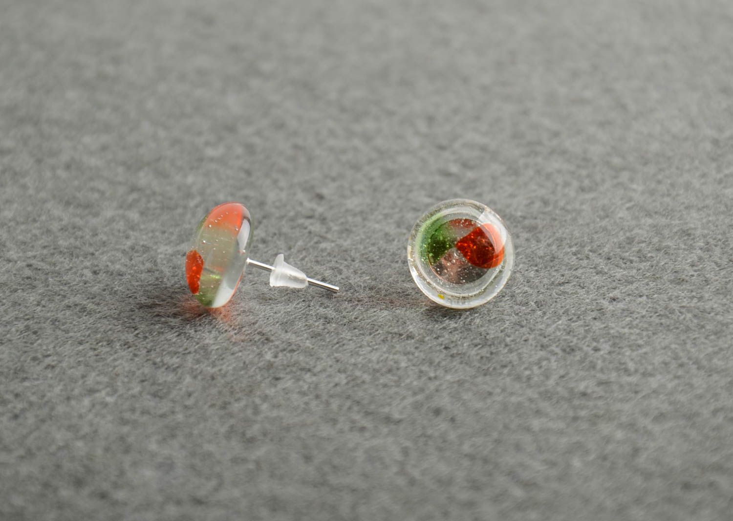 Round colorful glass stud earrings fusing technique handmade designer accessory photo 1