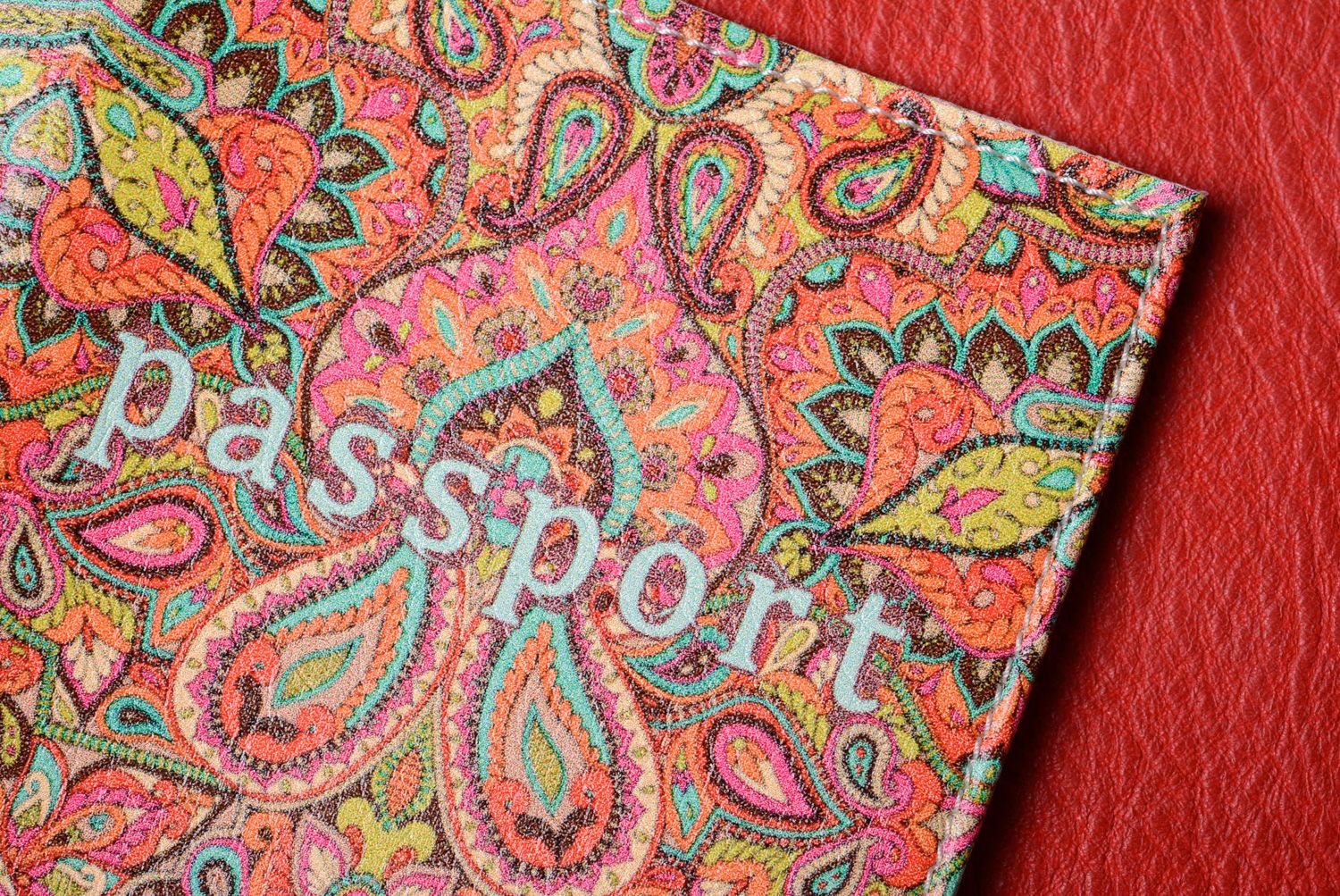 Homemade leather passport cover with print in Indian style photo 4