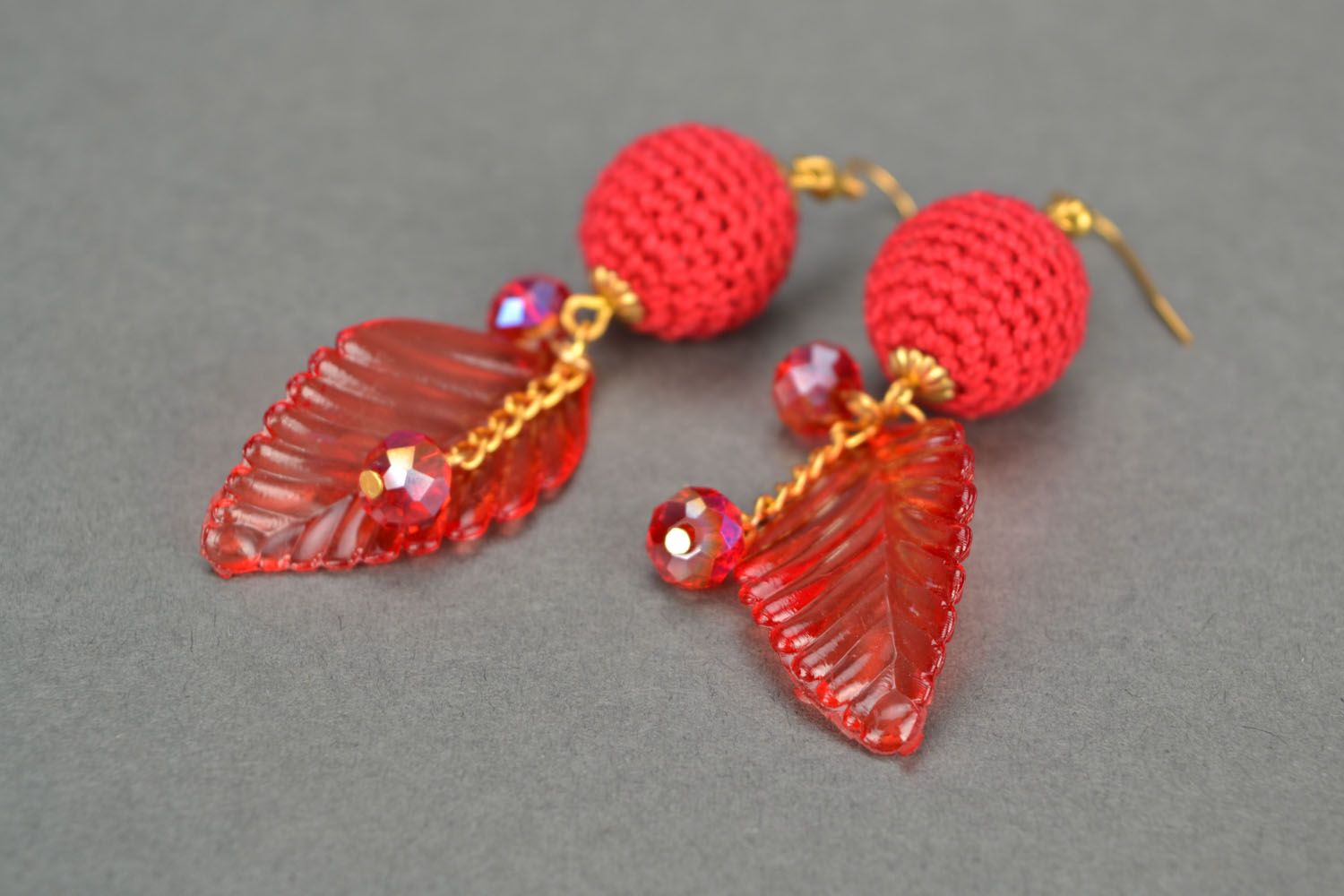 Homemade long crochet earrings Red Autumn photo 5