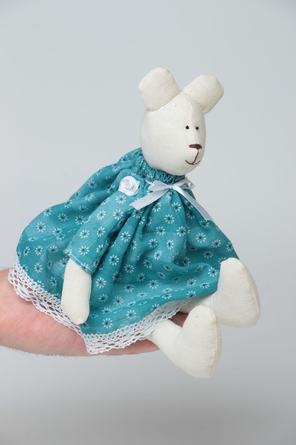 Handmade designer cotton and coarse calico fabric soft toy white bear in dress photo 5