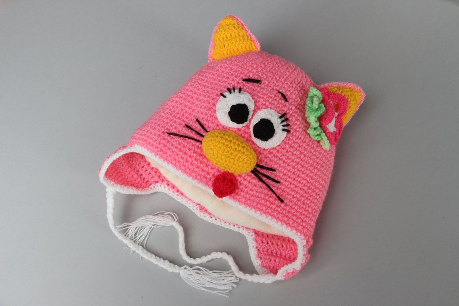 Bonnet chat rose tricoté à la main photo 1