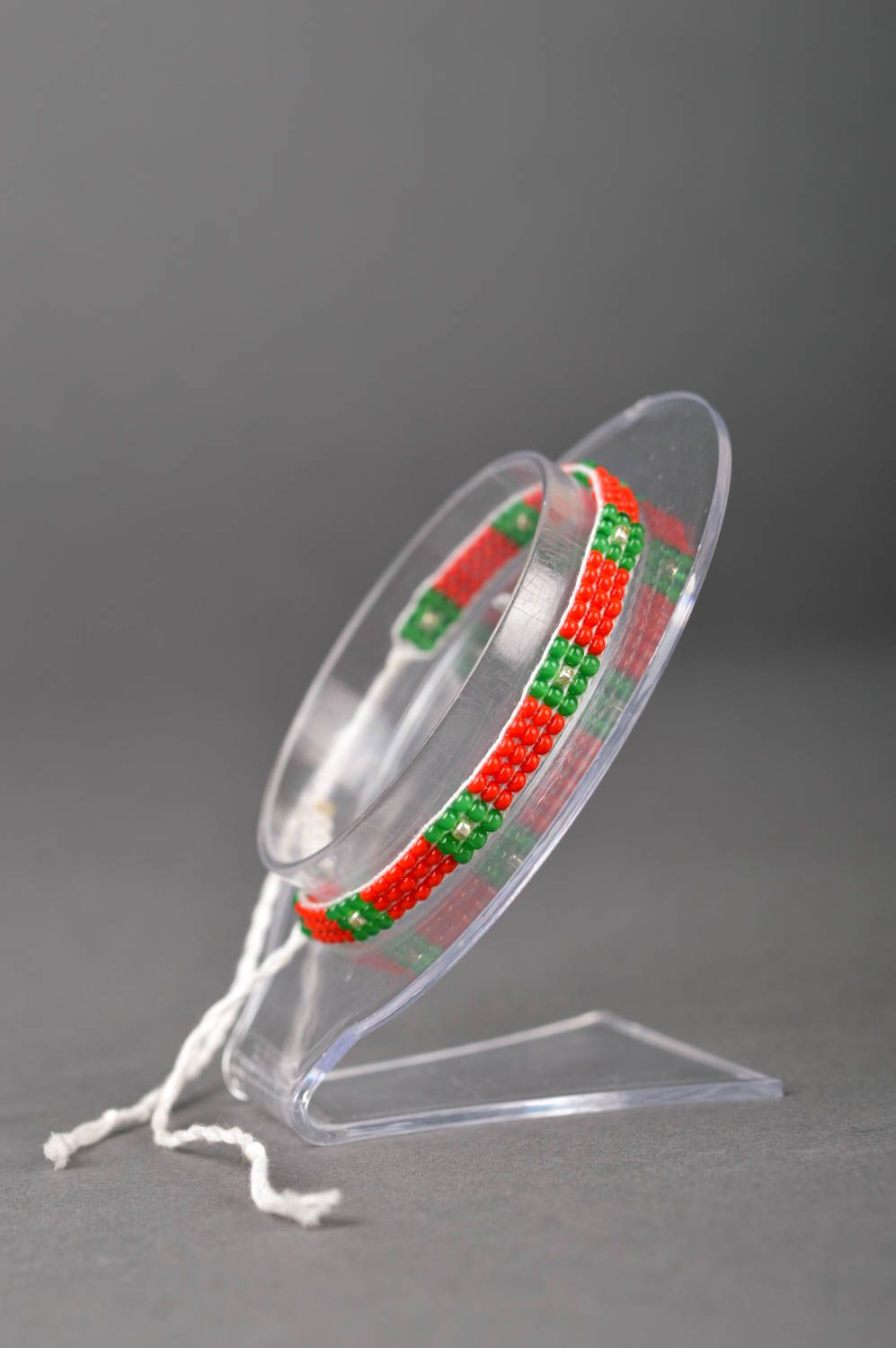 Handmade thin beaded strand bracelet made of red and green beads photo 2