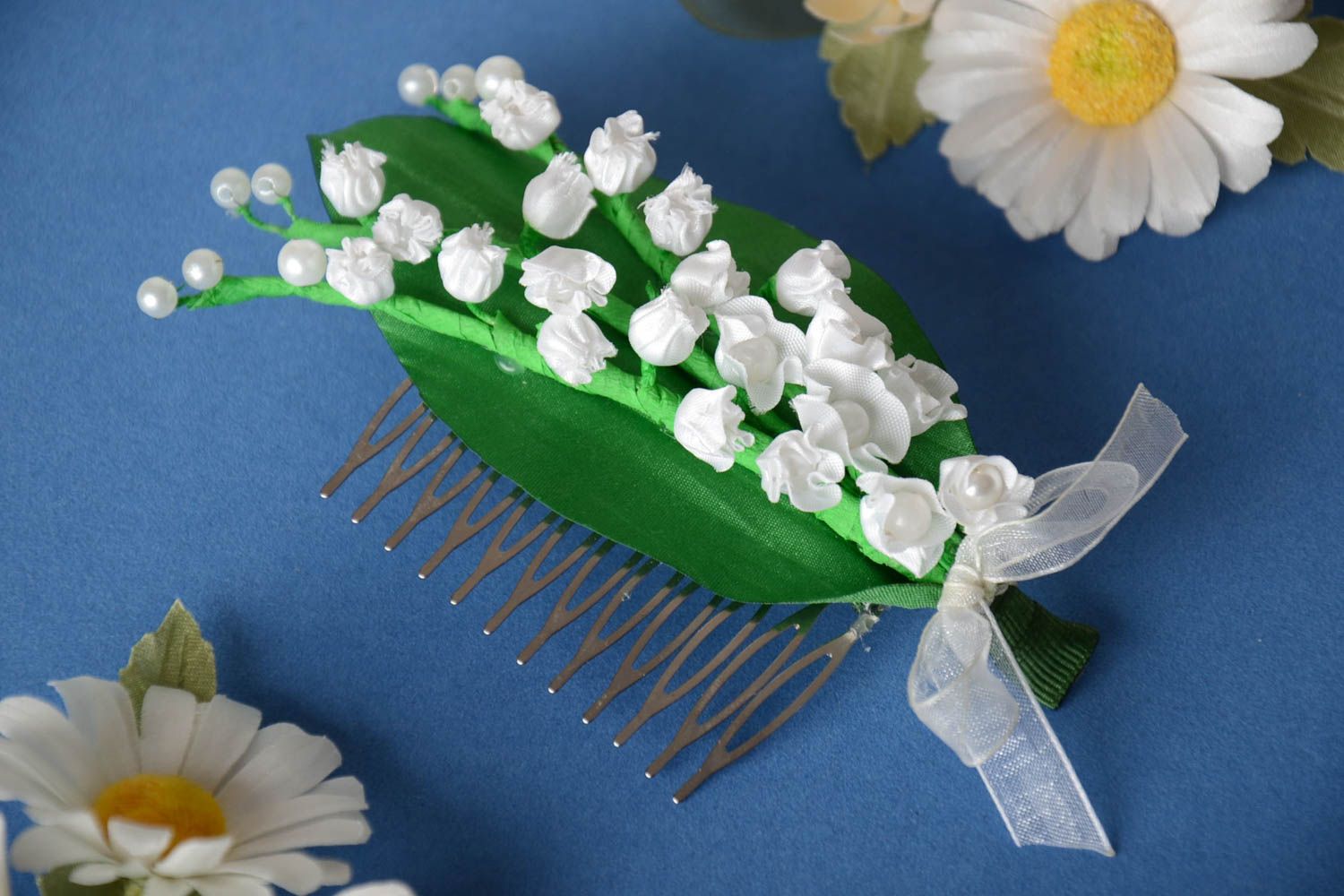 Handmade designer hair comb with metal basis and satin snowdrop flowers photo 1