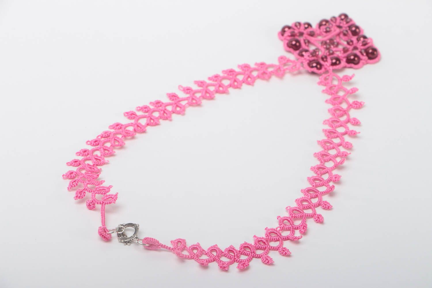 Handmade silk pendant beaded pink necklace openwork designer accessory photo 4