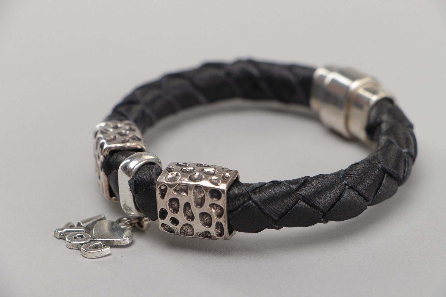Thin handmade woven genuine leather wrist bracelet with metal charm unisex photo 2
