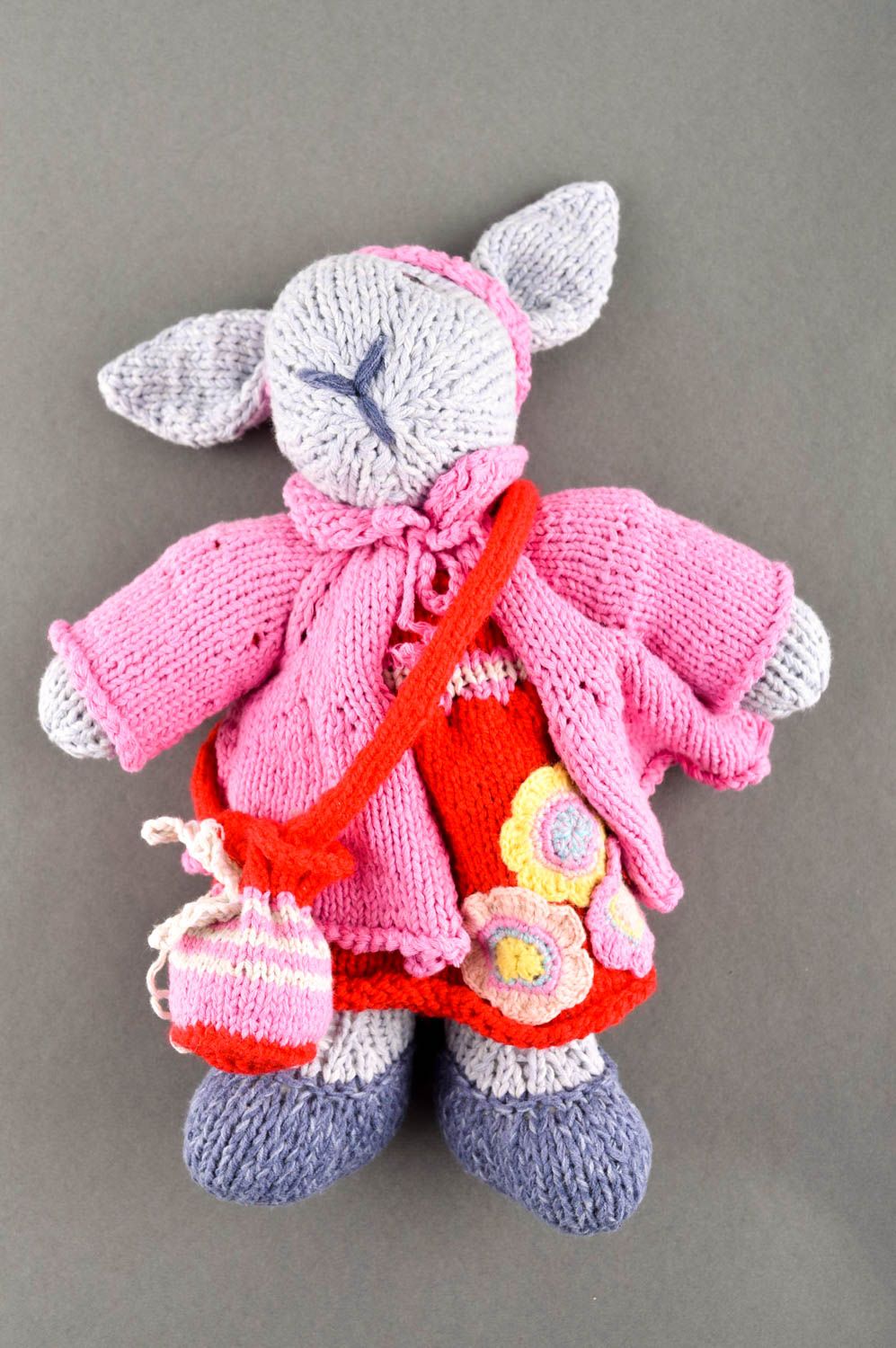 Handmade unusual soft toy textile toys for kids pink knitted rabbit toy photo 1