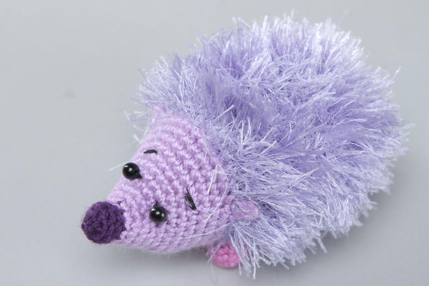 Handmade designer soft toy crocheted of acrylic threads violet hedgehog for kids photo 3