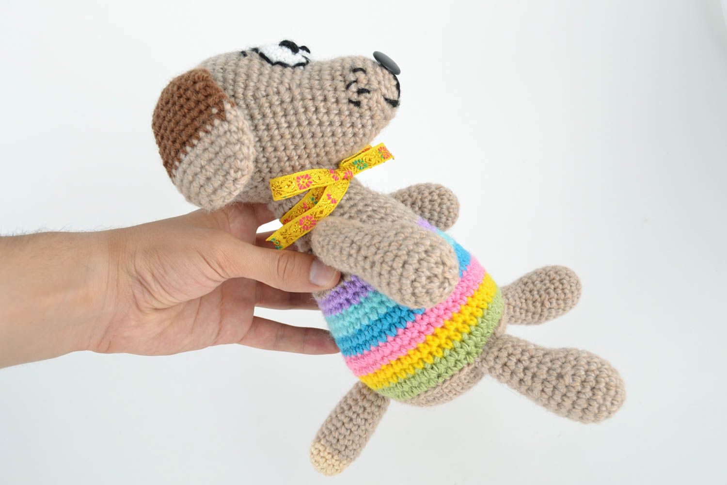 Juguete de peluche tejido de lana hermoso para niños perro con lazo foto 5