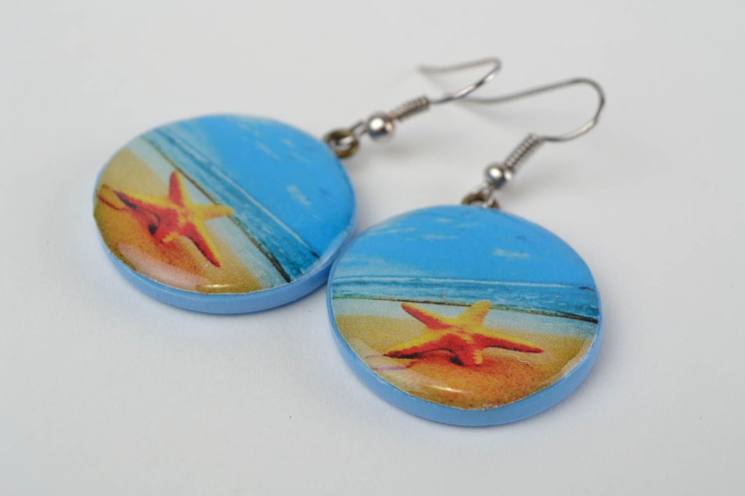 Handmade polymer clay dangling round earrings coated with epoxy resin Seaside photo 4