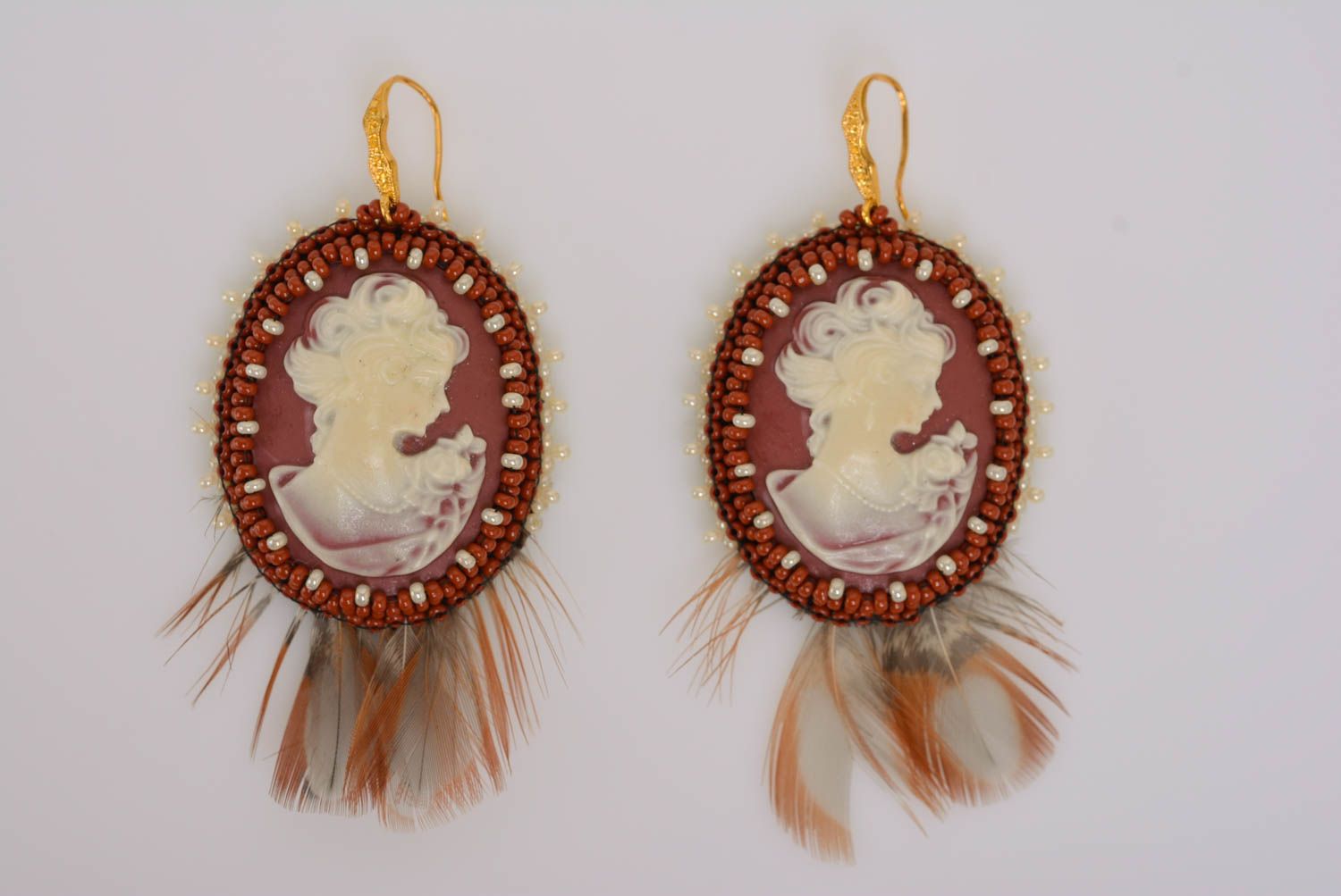 Beautiful handmade women's beaded earrings with cameo photo 5