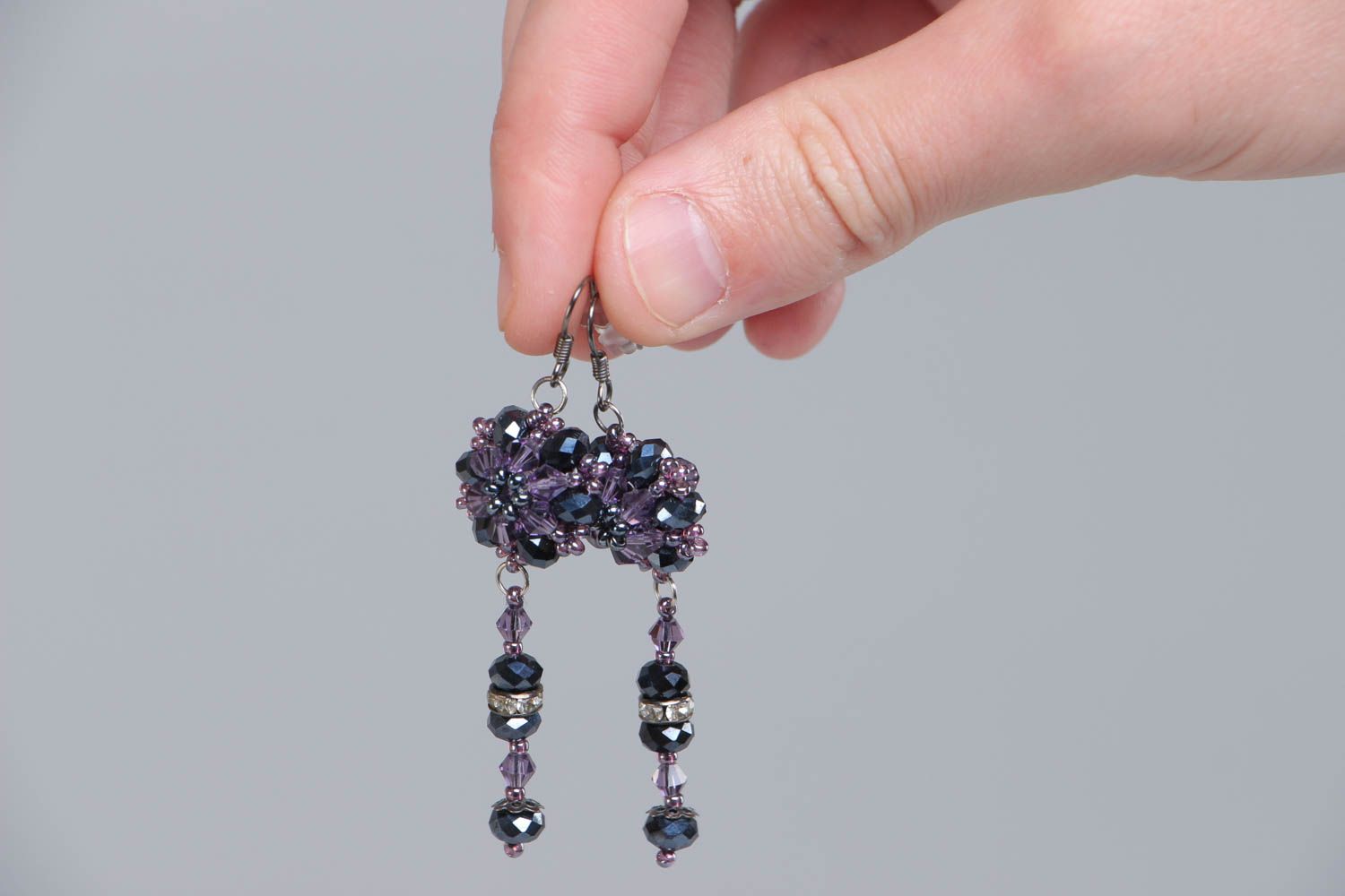 Handmade elegant dark long dangling beaded earrings with crystal glass  photo 5