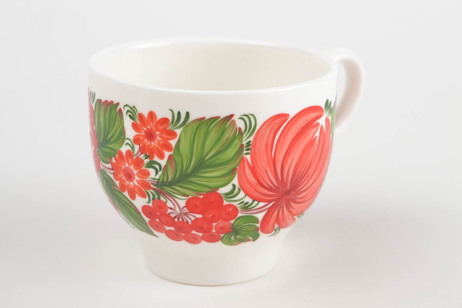 8 oz ceramic porcelain cup in white, red, and green color with handle and Russian style pattern photo 5