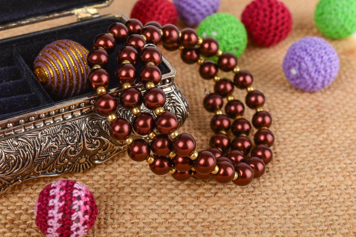 Handmade three row designer wrist bracelet with brown ceramic pearls for women photo 1