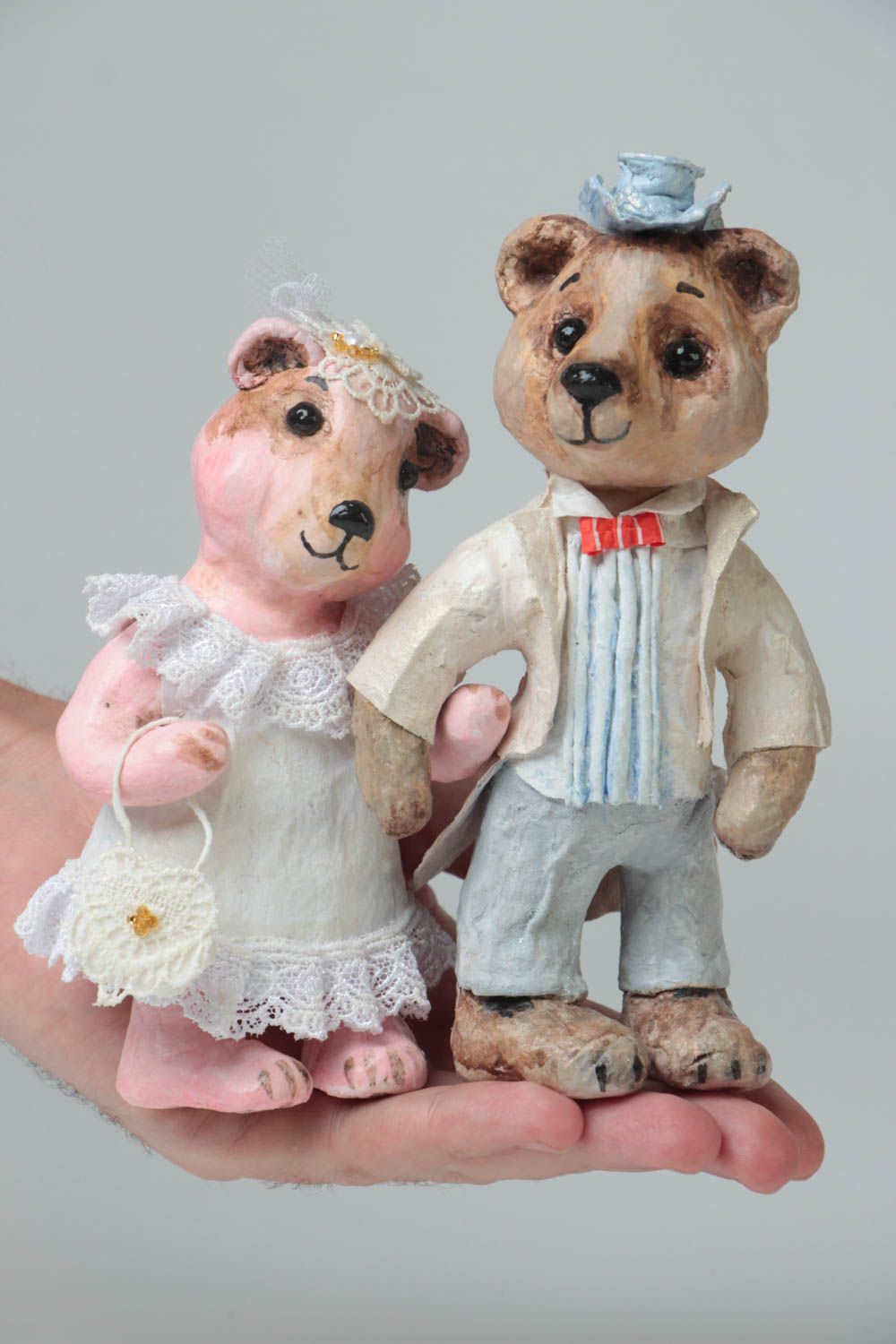 Handmade designer paper mache painted figurines of bear bride and groom photo 5