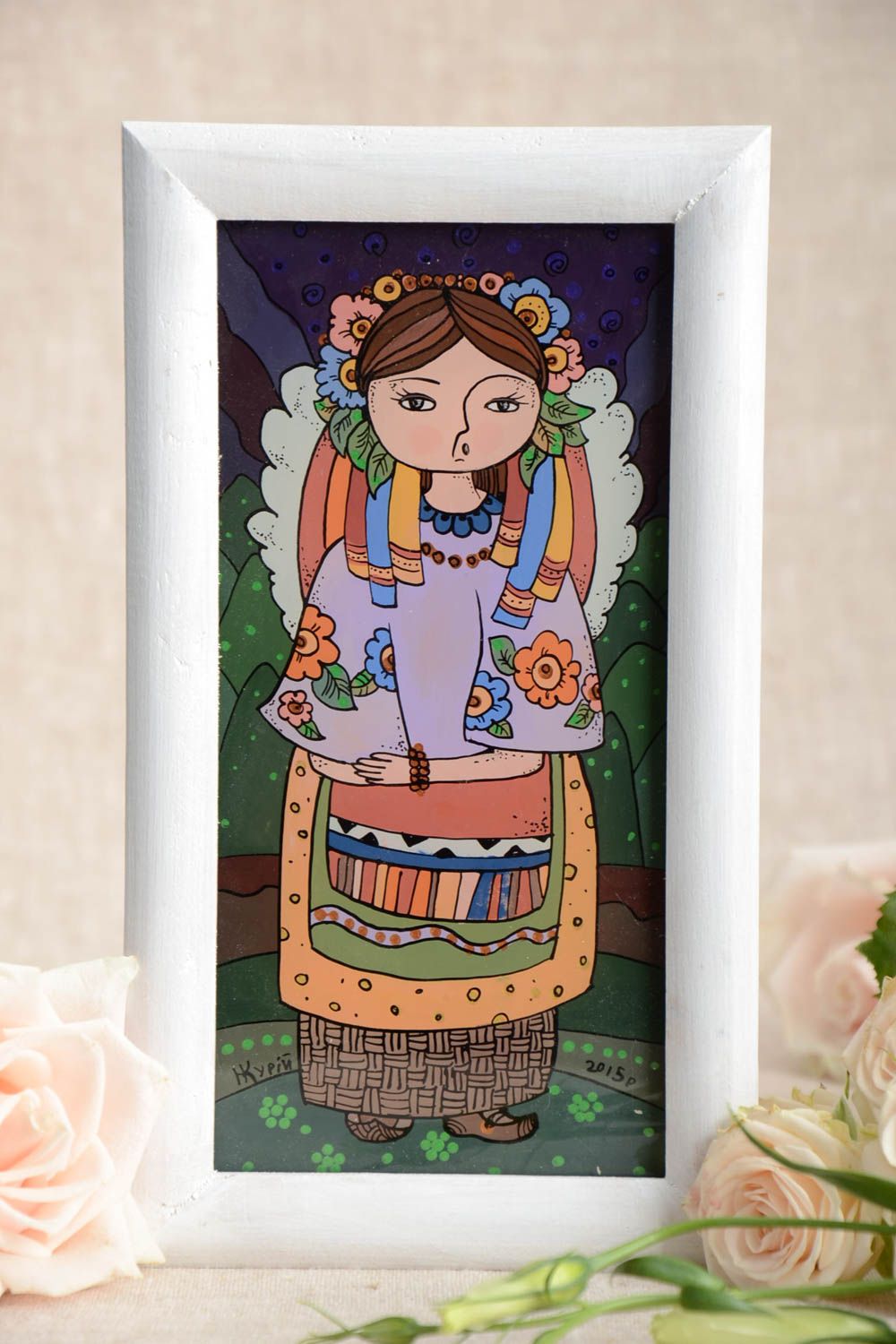 Belle peinture avec fille aux couleurs à l'huile faite main dans cadre en bois photo 1