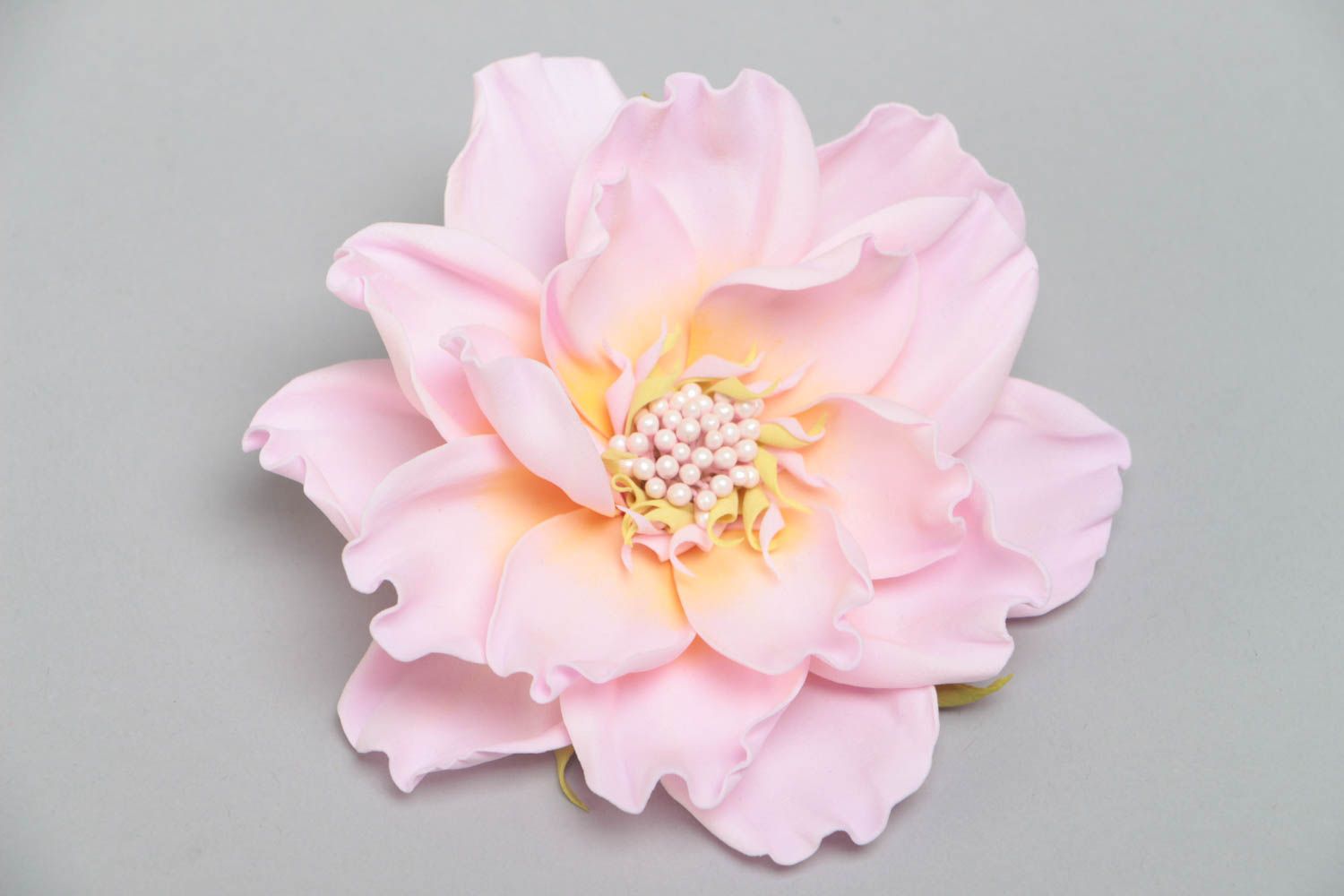 Handmade designer brooch hair clip with tender pink volume foamiran flower photo 2