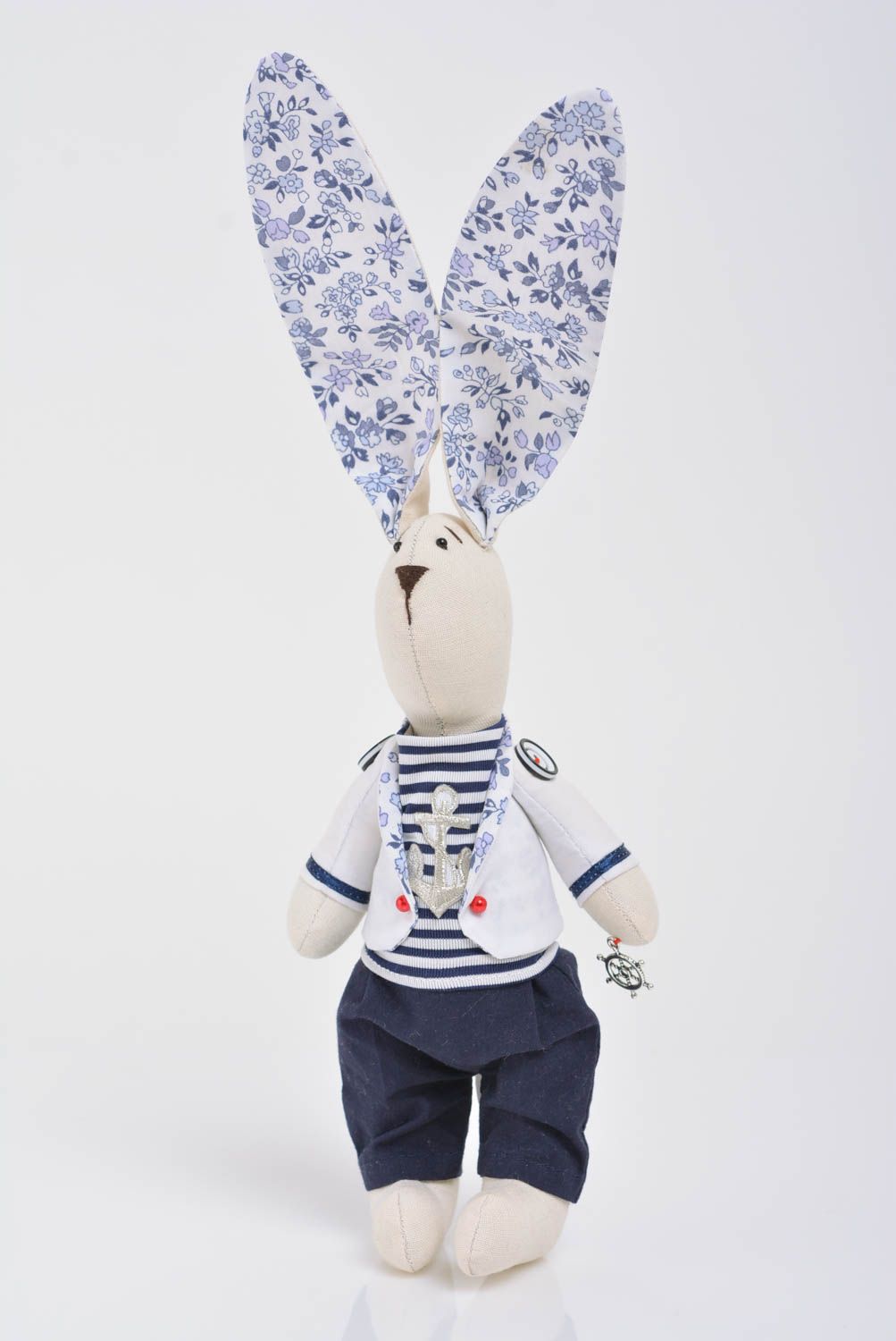 Handmade small soft toy rabbit sailor with long ears with floral pattern photo 1