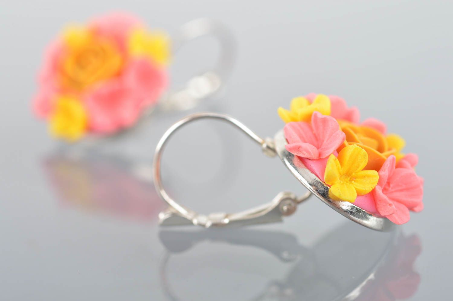 Polymer clay flower earrings bright pink with a yellow stylish handmade jewelry photo 5