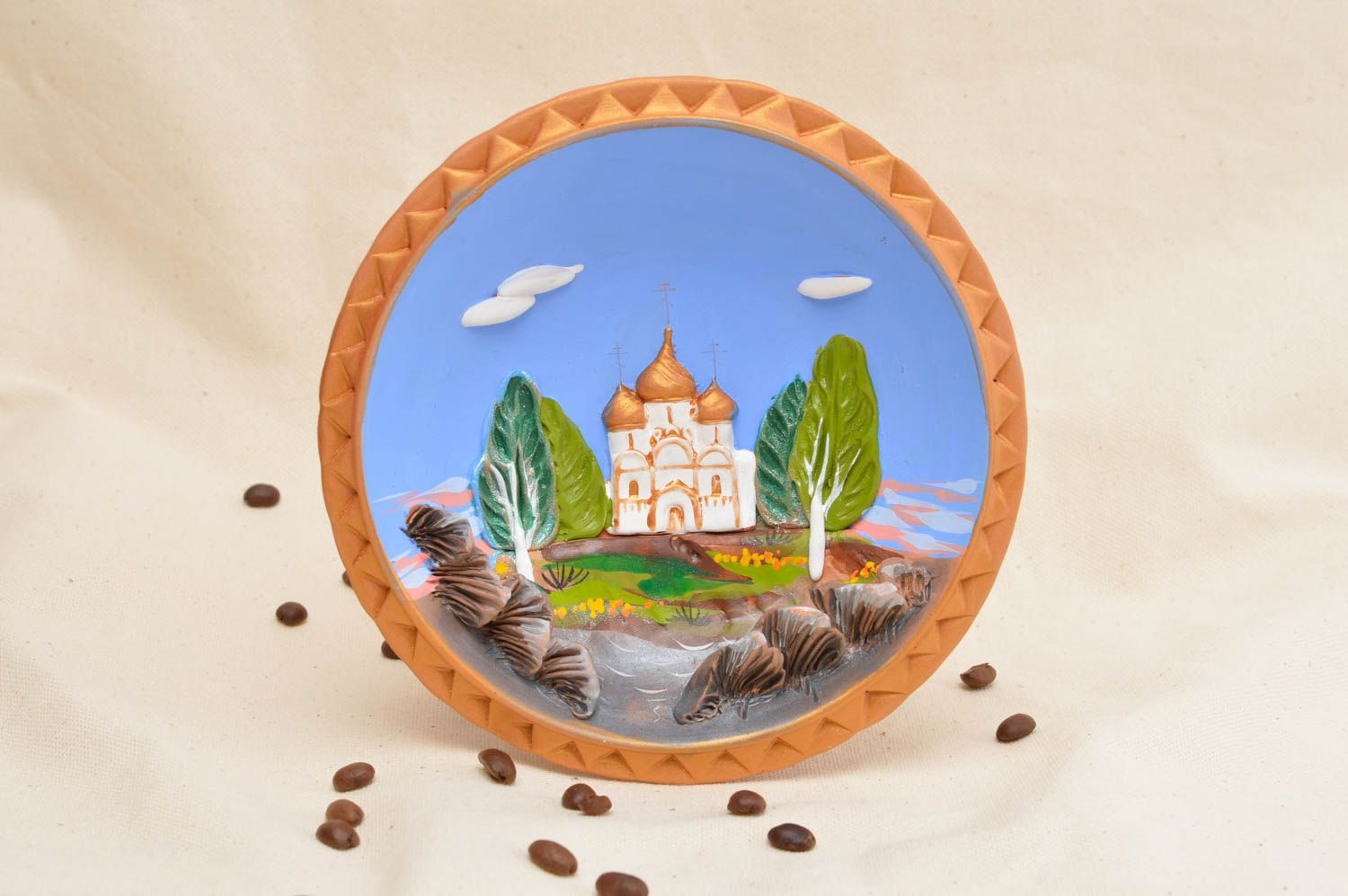 Тарелка из глины расписная декоративная красивая круглая ручной работы Лето фото 5