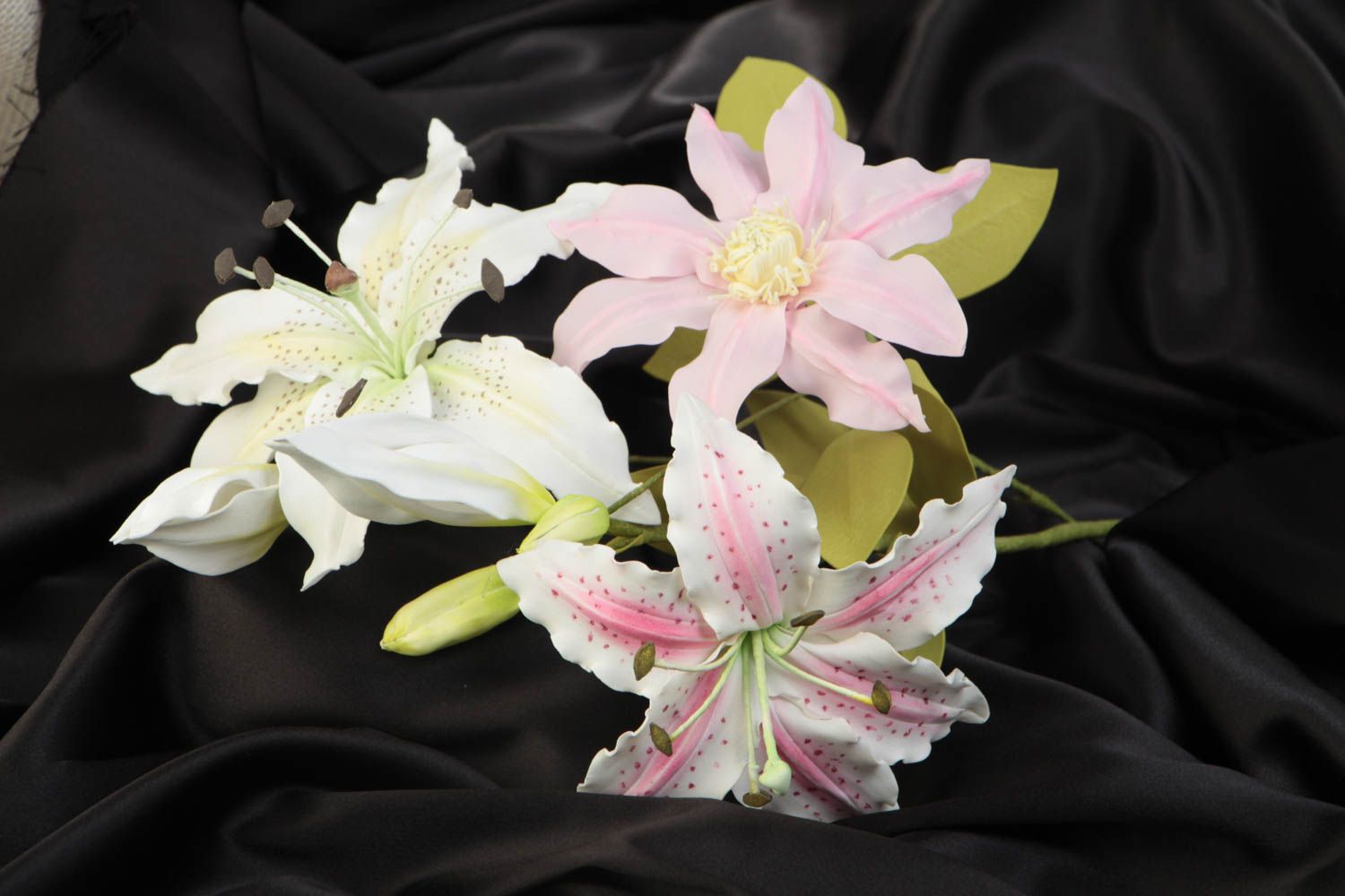 Beautiful handmade foamiran fabric flower bouquet of liles for home decor photo 1