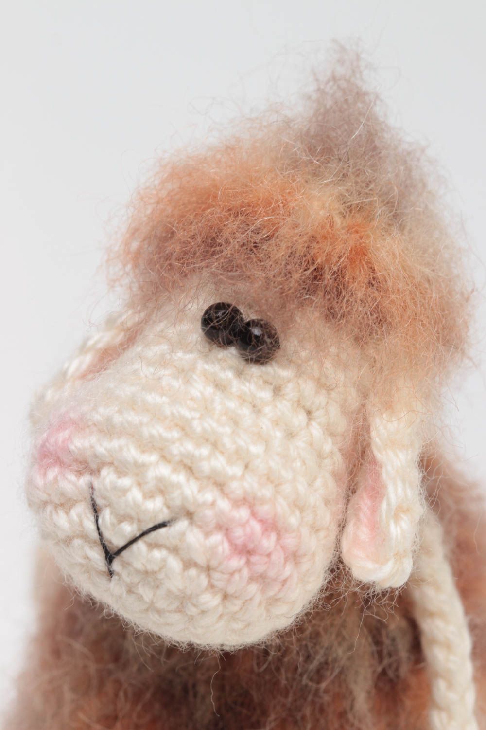 Handmade small crocheted soft toy lamb with fluffy body in beige color shades photo 3