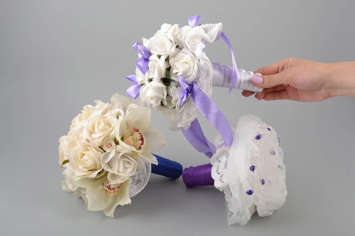 Set of 3 handmade decorative wedding bouquets with foamiran flowers and ribbons photo 5