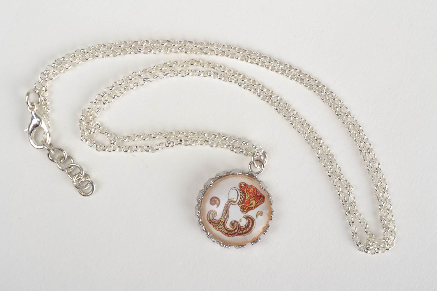 Handmade designer round glass pendant necklace on metal chain with Aquarius sign photo 3