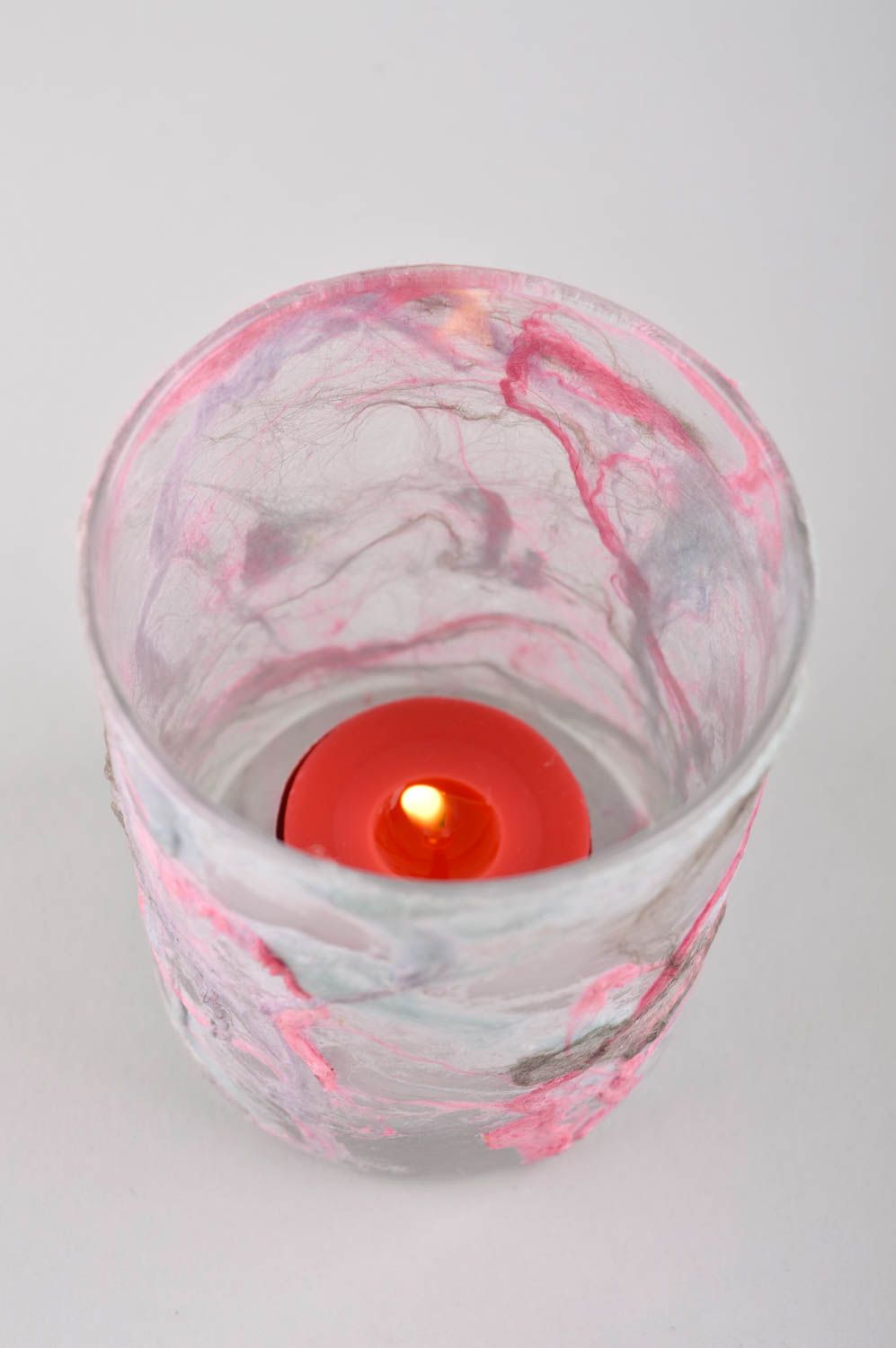 Glass one tea light candle holder in pink and grey colors 3,54 inches, 0,45 lb photo 2