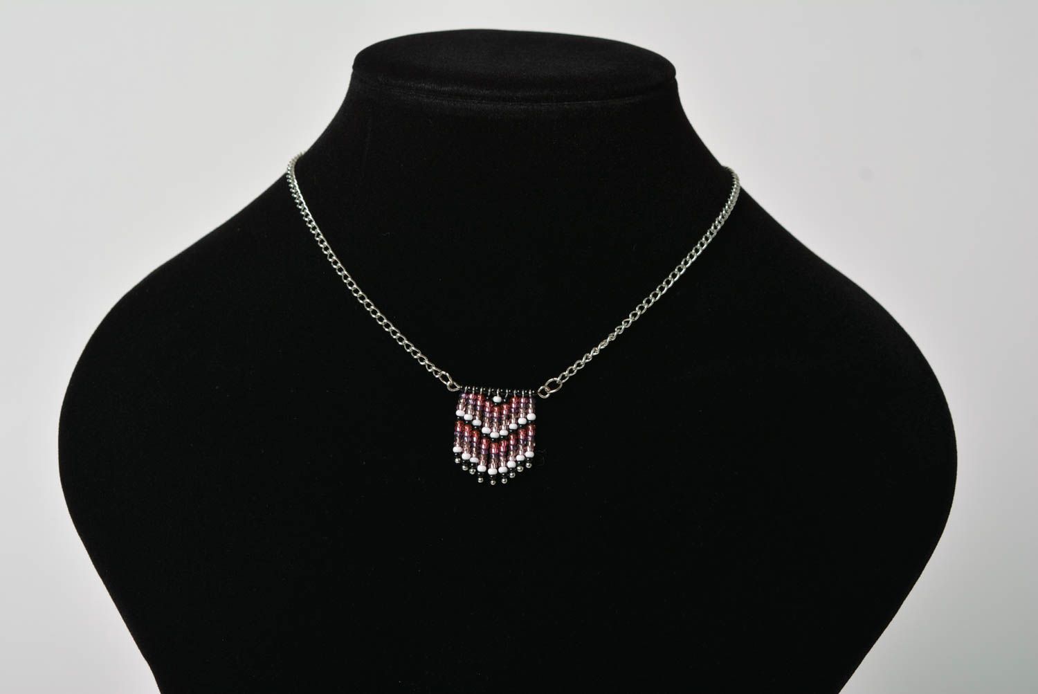 Handmade designer beaded fringe pendant necklace on metal chain violet photo 2