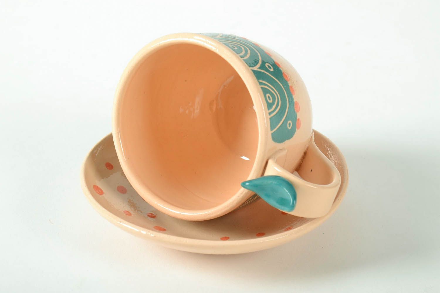 Art clay girl's teacup in light peach color with handle and saucer photo 4