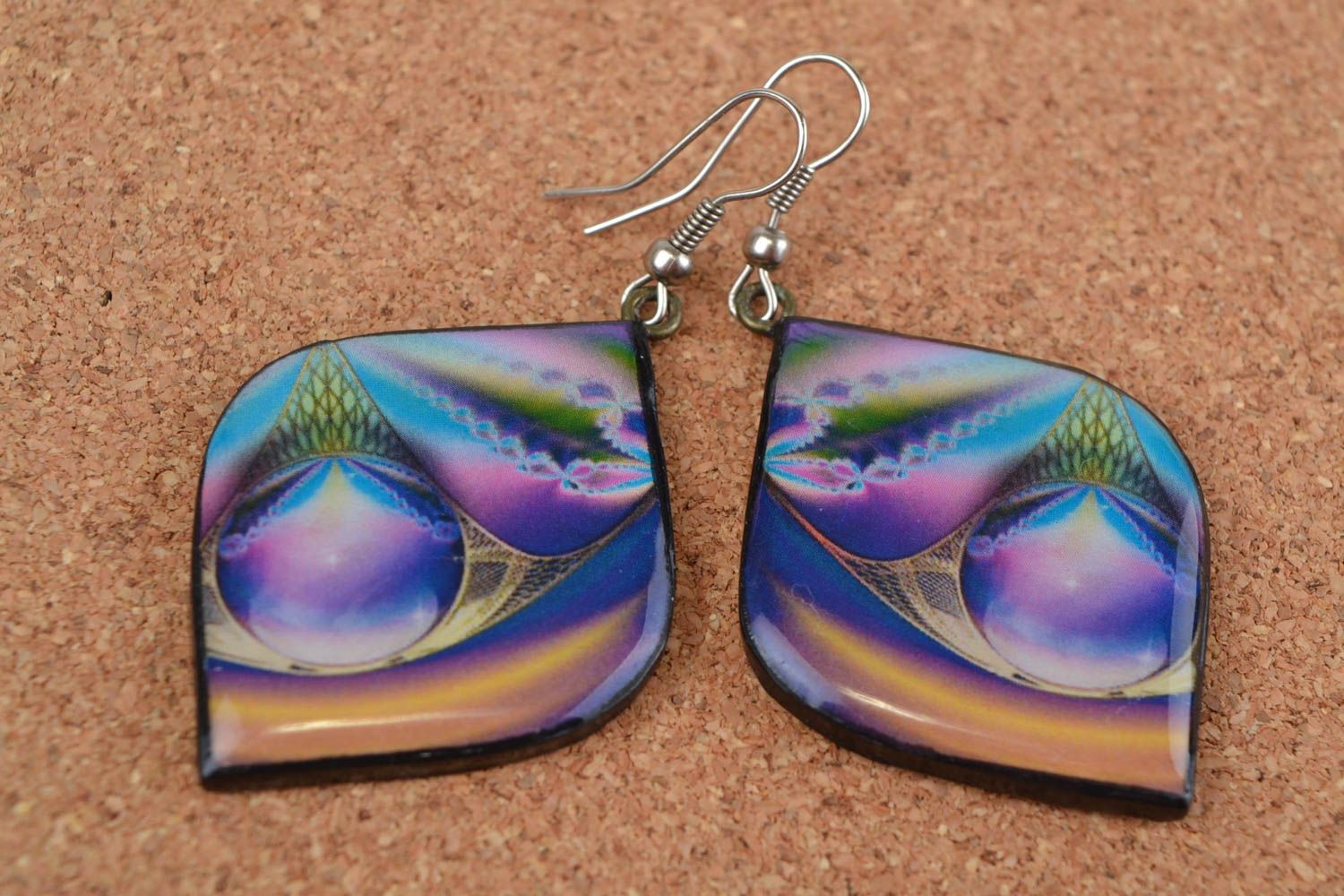 Handmade polymer clay decoupage dangling earrings in violet color palette Time photo 1
