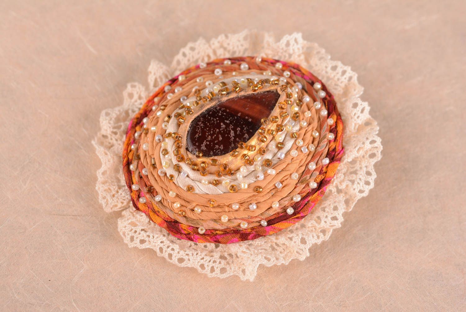 Leather brooch handmade brooch with natural stones beaded brooch for girls photo 1