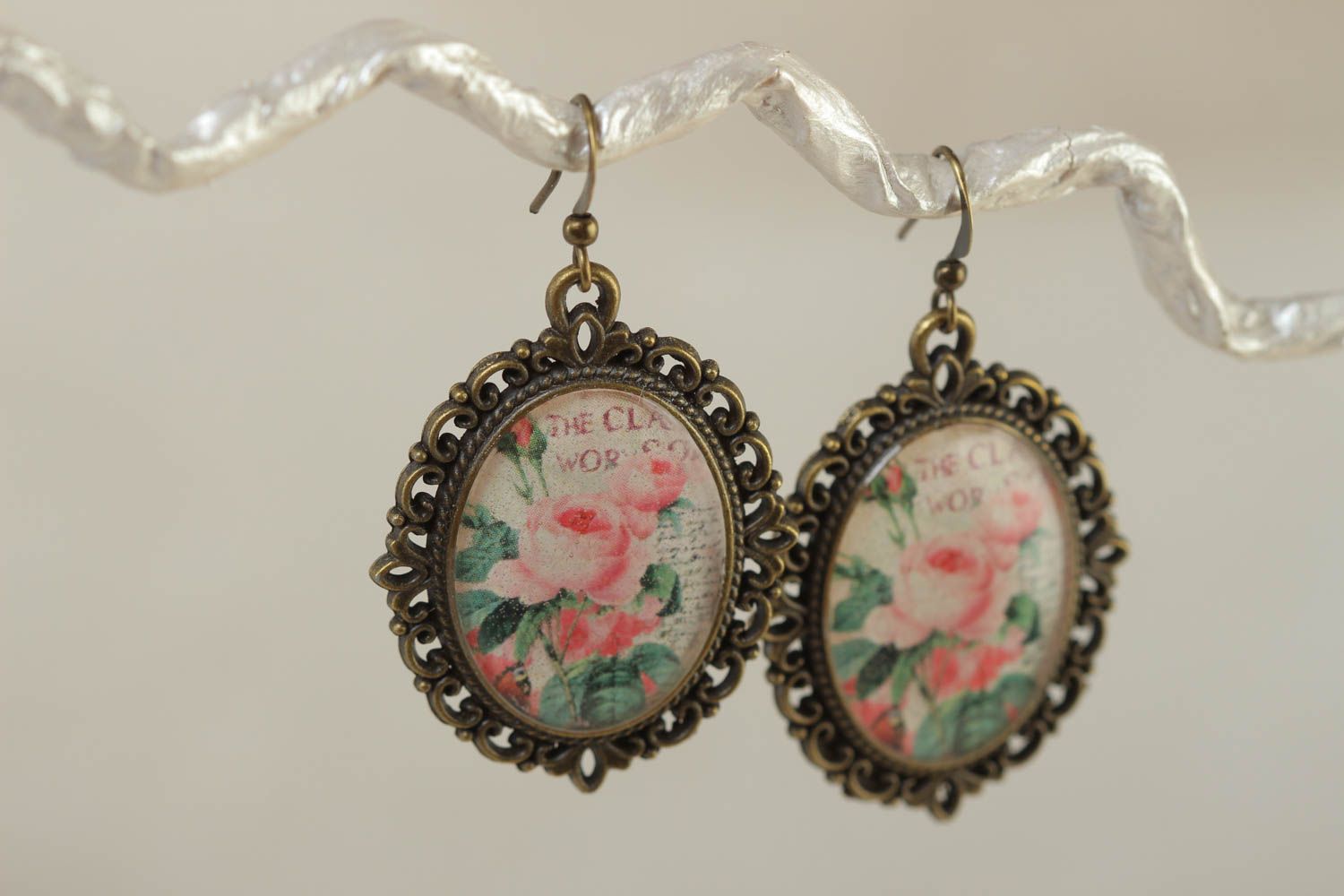 Handmade long oval glass glaze earrings with flowers photo 1
