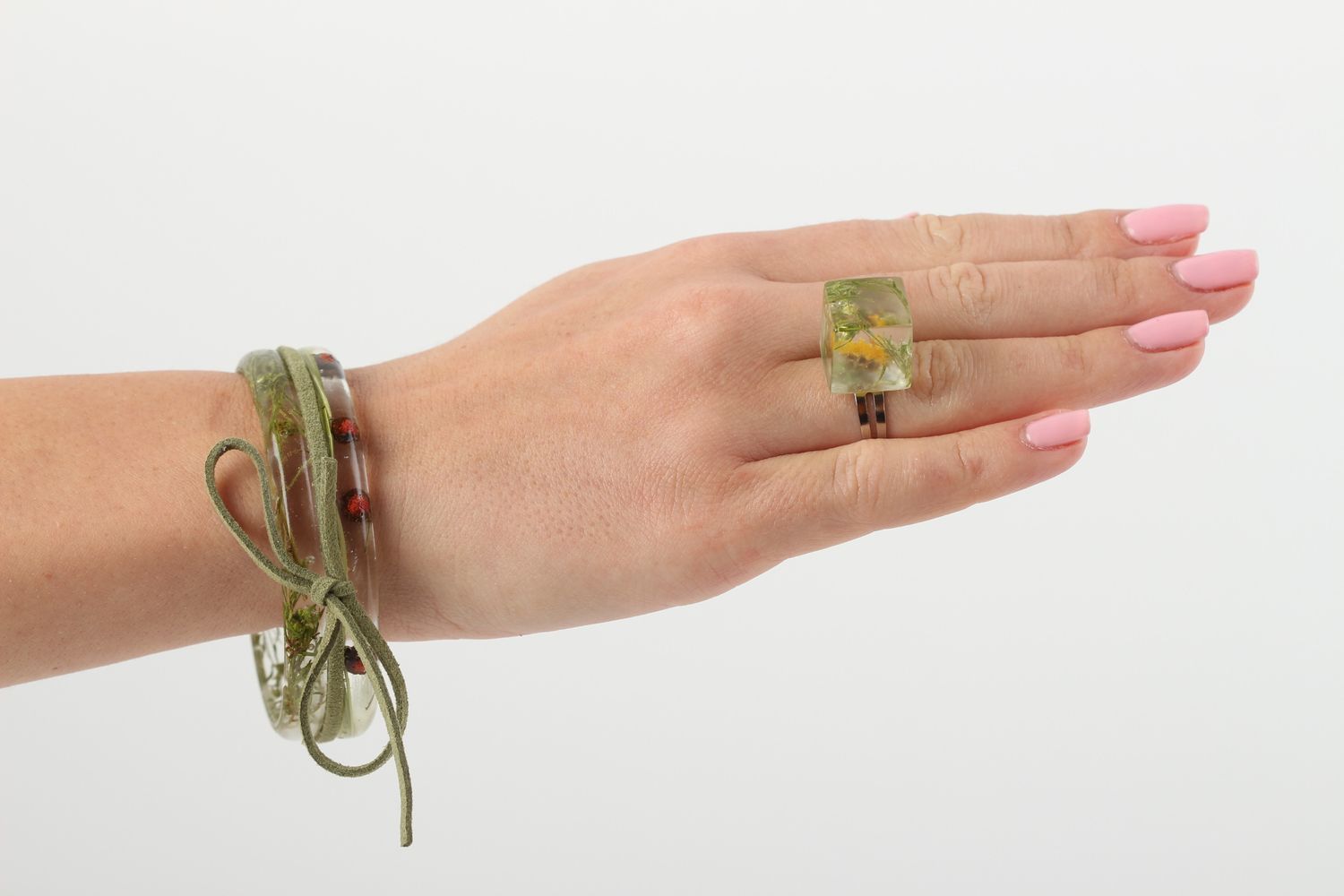 Handmade jewelry set seal ring wrist bracelet epoxy resin real flower jewelry photo 5