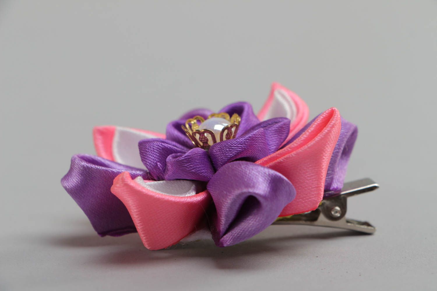 Handcrafted unique bobby pin made of satin ribbon in the form of a flower photo 3