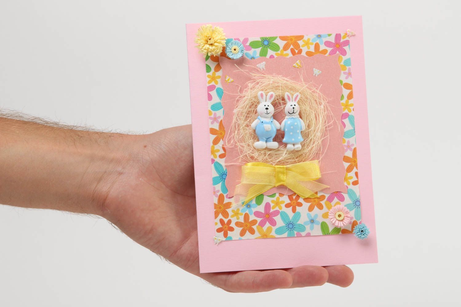 Tarjeta de felicitación rosa con conejos postal hecha a mano regalo original foto 5