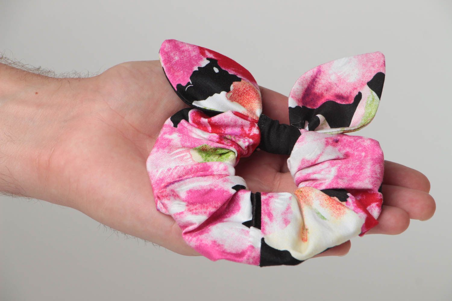 Handmade floral cotton fabric bunny ears scrunchy designer hair accessory photo 5