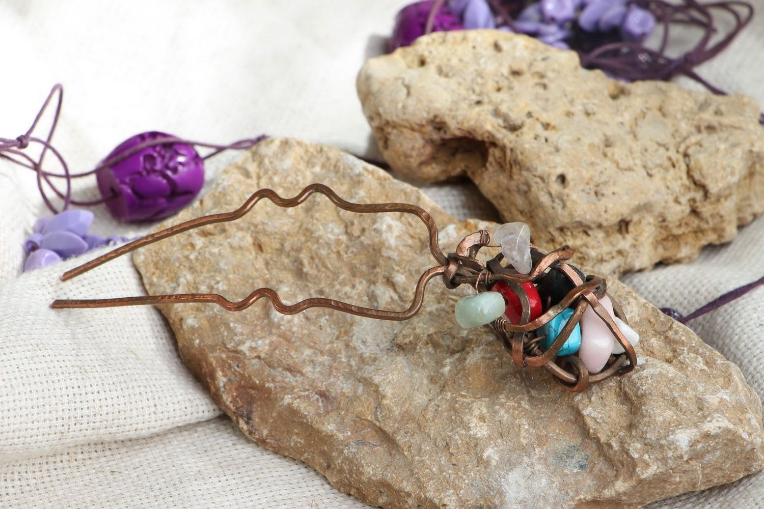 Copper hairpin with natural stones photo 4