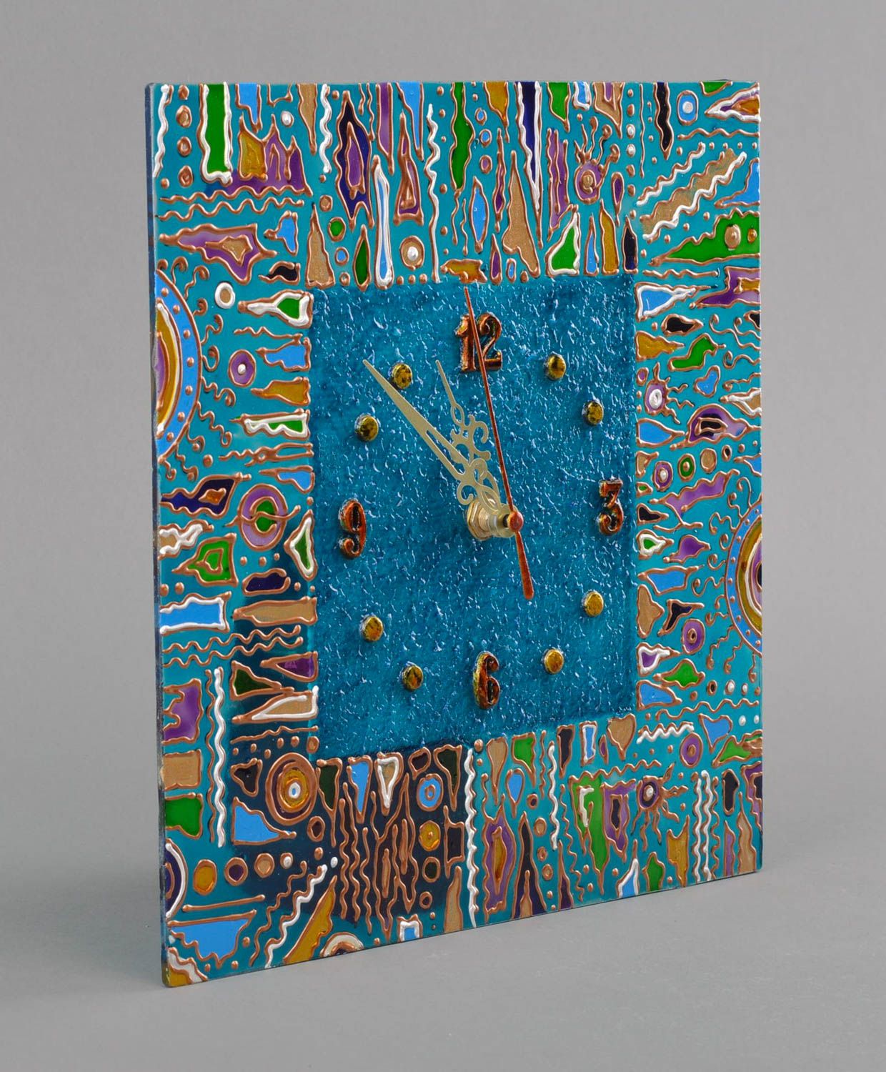 Horloge murale en verre carrée bleue faite main Palette d'âge de la pierre photo 2