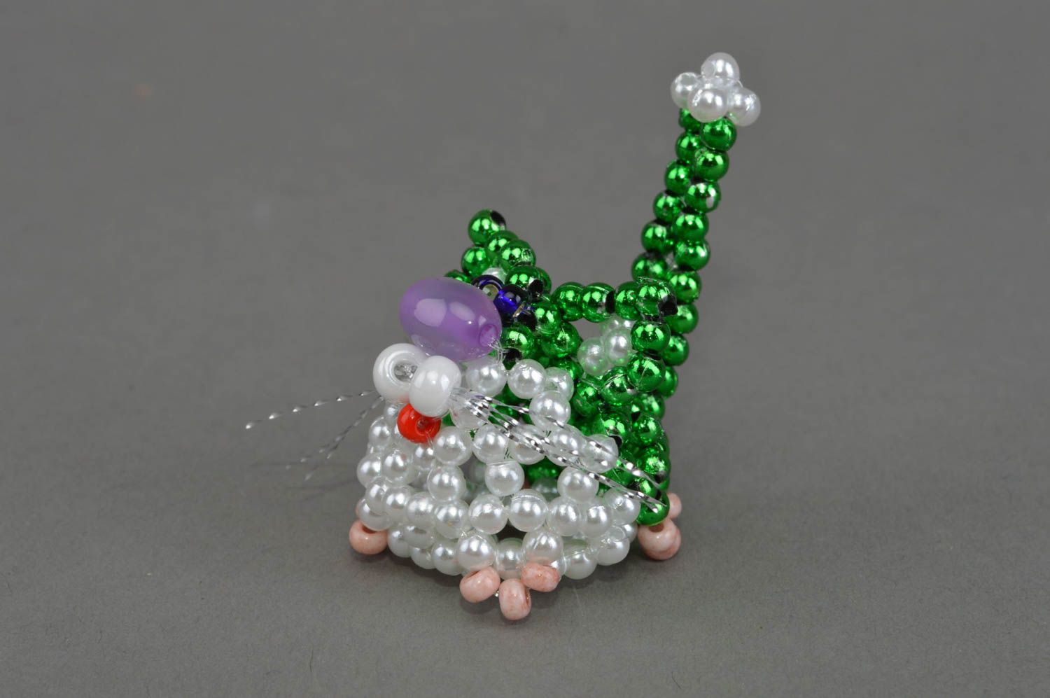Collectible miniature bead woven figurine of green kitten handmade decoration photo 3