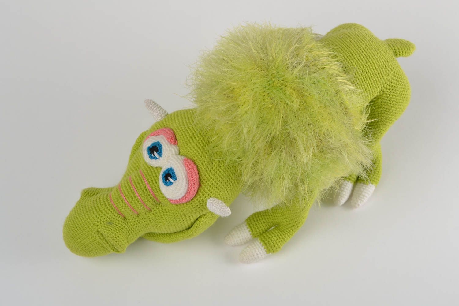 Soft crocheted handmade toy for children funny green Gragomot interior decor  photo 3