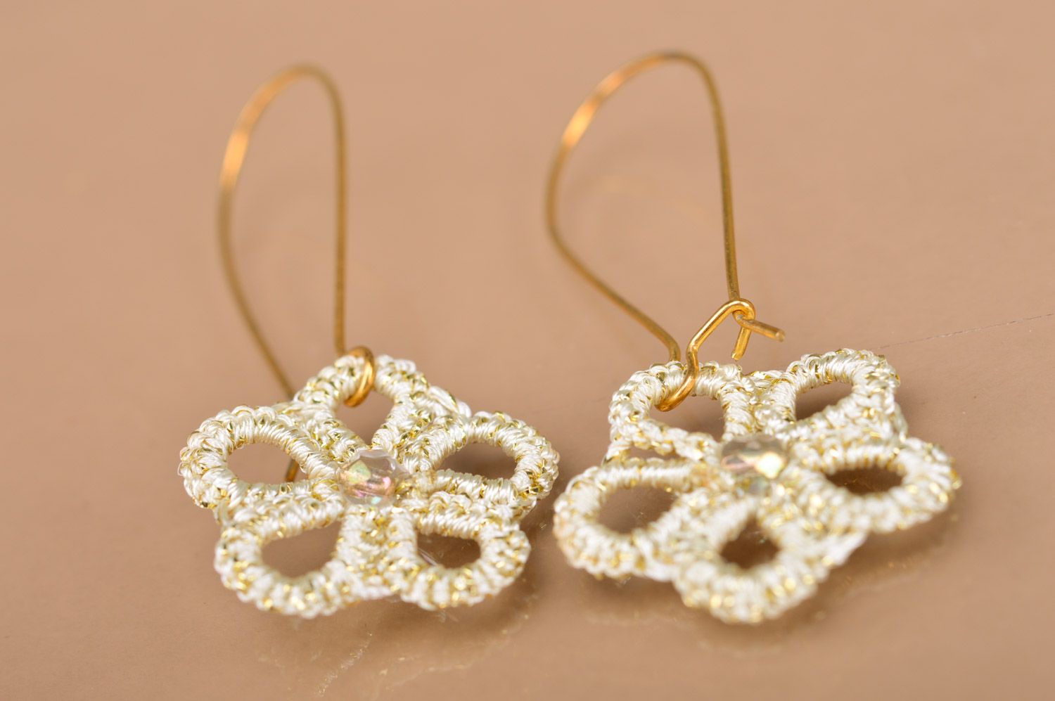 Handmade ankars tatting earrings woven of satin threads of gold color photo 5