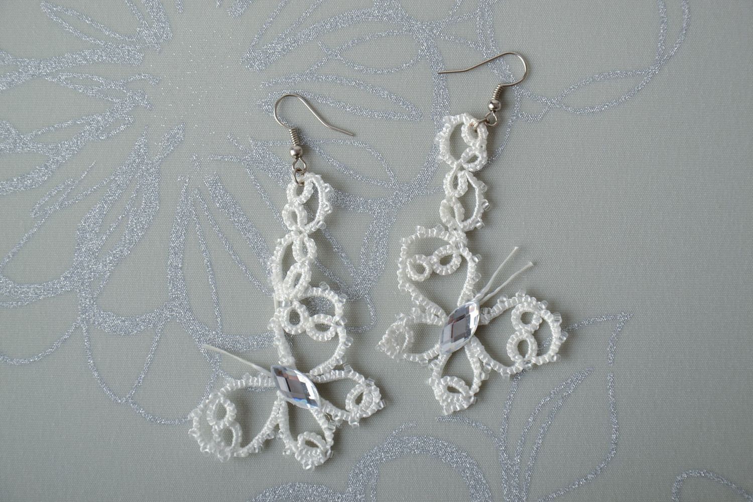 Lace earrings with beads made using tatting technique Butterflies photo 1