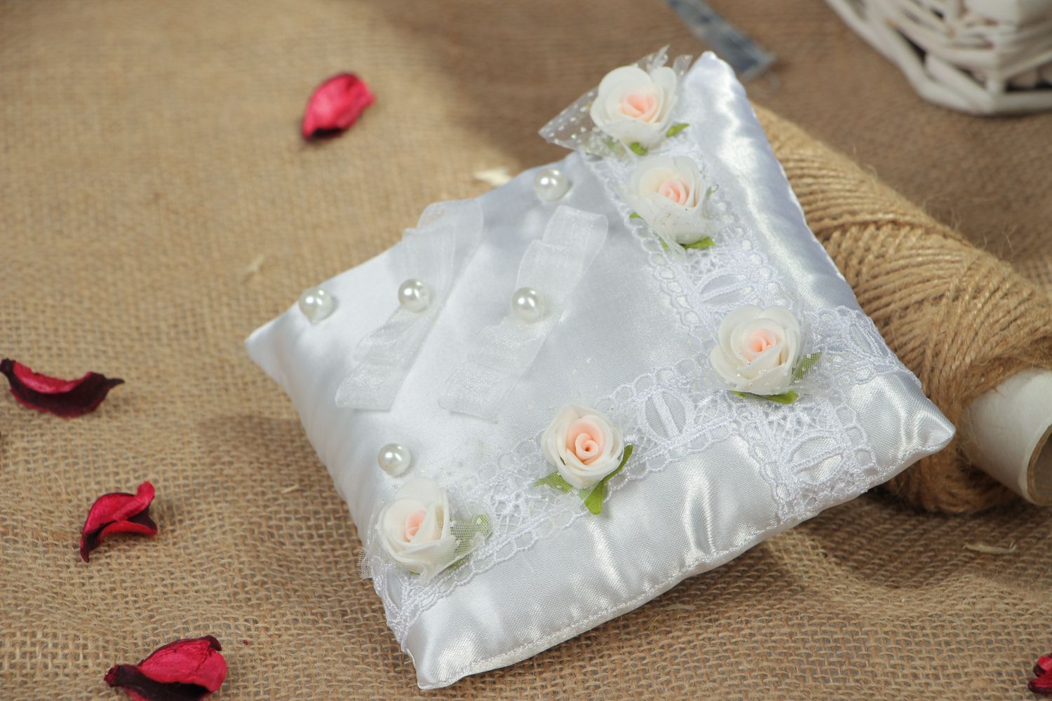 Satin wedding ring pillow with roses photo 5